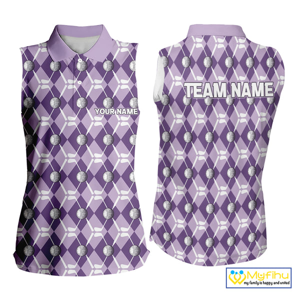Women sleeveless polo shirt custom purple argyle plaid pattern golf attire for ladies, golfer gifts NQS10078