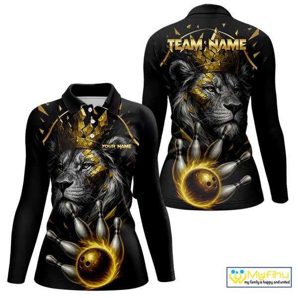 Custom Black and Gold Lion Bowling Polo, Quarter Zip shirts for Women, Lion Team Bowling Jerseys NQS10231