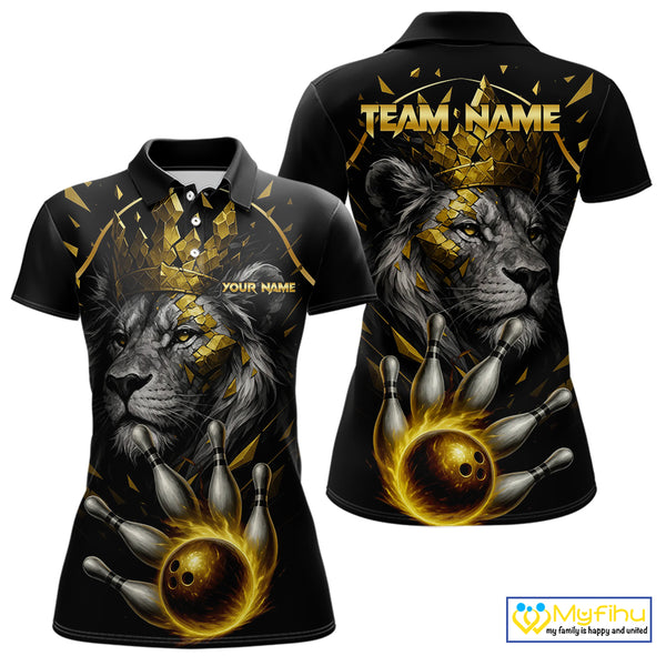 Custom Black and Gold Lion Bowling Polo, Quarter Zip shirts for Women, Lion Team Bowling Jerseys NQS10231