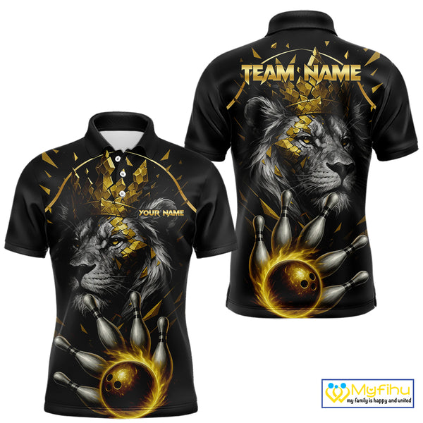 Custom Black and Gold Lion Bowling Polo, Quarter Zip shirts for Men, Lion Team Bowling Jerseys NQS10231