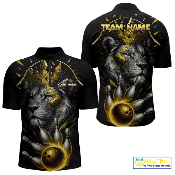 Custom Black and Gold Lion Bowling Polo, Quarter Zip shirts for Men, Lion Team Bowling Jerseys NQS10231