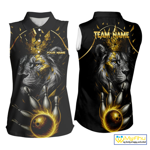 Custom Black and Gold Lion Bowling Sleeveless Polo shirt for Women, Lion Team Bowling Jerseys NQS10231