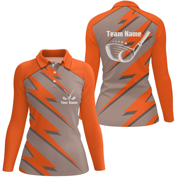 Personalized womens golf polo shirts orange lightning custom name & team name golf shirt, golfing gift NQS6090