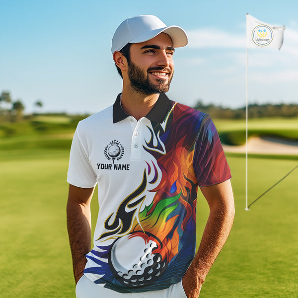 Colorful Rainbow Flame golf ball Mens golf polo shirts custom team golf jerseys, golf attire for men NQS10399