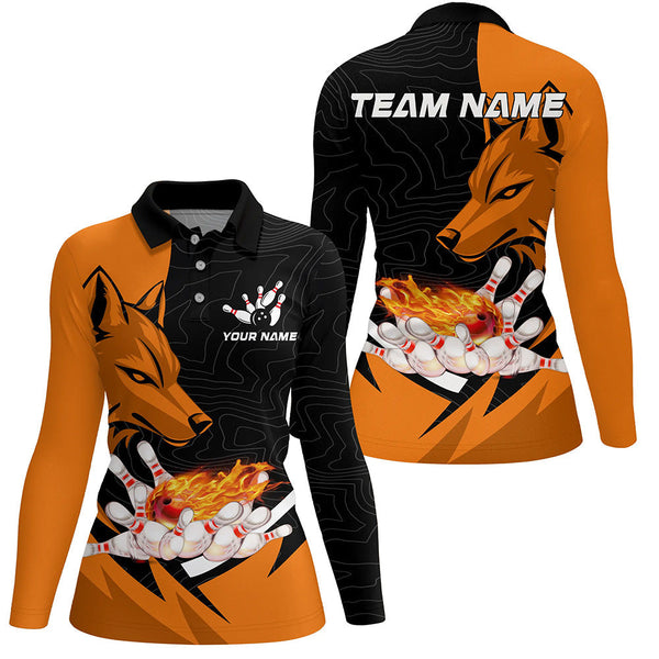 Black and Orange Flame Bowling Polo, 1/4 Zip Shirts For Women Custom Wolf Bowling Team League Jersey NQS8643