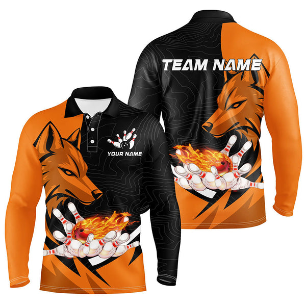 Black and Orange Flame Bowling Polo, Quarter Zip Shirts For Men Custom Wolf Bowling Team League Jersey NQS8643