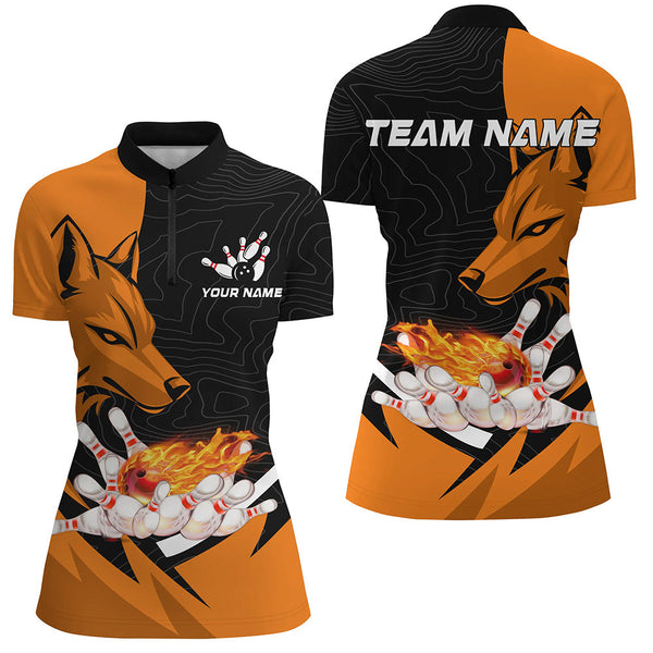 Black and Orange Flame Bowling Polo, 1/4 Zip Shirts For Women Custom Wolf Bowling Team League Jersey NQS8643