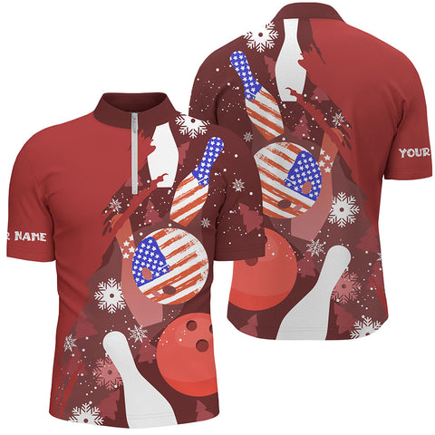 Personalized Christmas American flag Bowling Quarter Zip shirt For Men custom red bowling team jerseys NQS6805