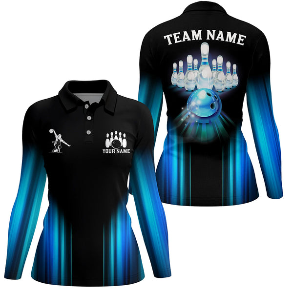 Black and Blue Light Bowling Polo, 1/4 Zip Shirts For Women Custom Bowling Team Jerseys, Bowler Outfit NQS9131