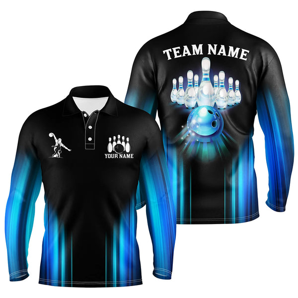 Black and Blue Light Bowling Polo, 1/4 Zip Shirts For Men Custom Bowling Team Jerseys, Bowler Outfit NQS9131