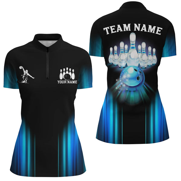 Black and Blue Light Bowling Polo, 1/4 Zip Shirts For Women Custom Bowling Team Jerseys, Bowler Outfit NQS9131