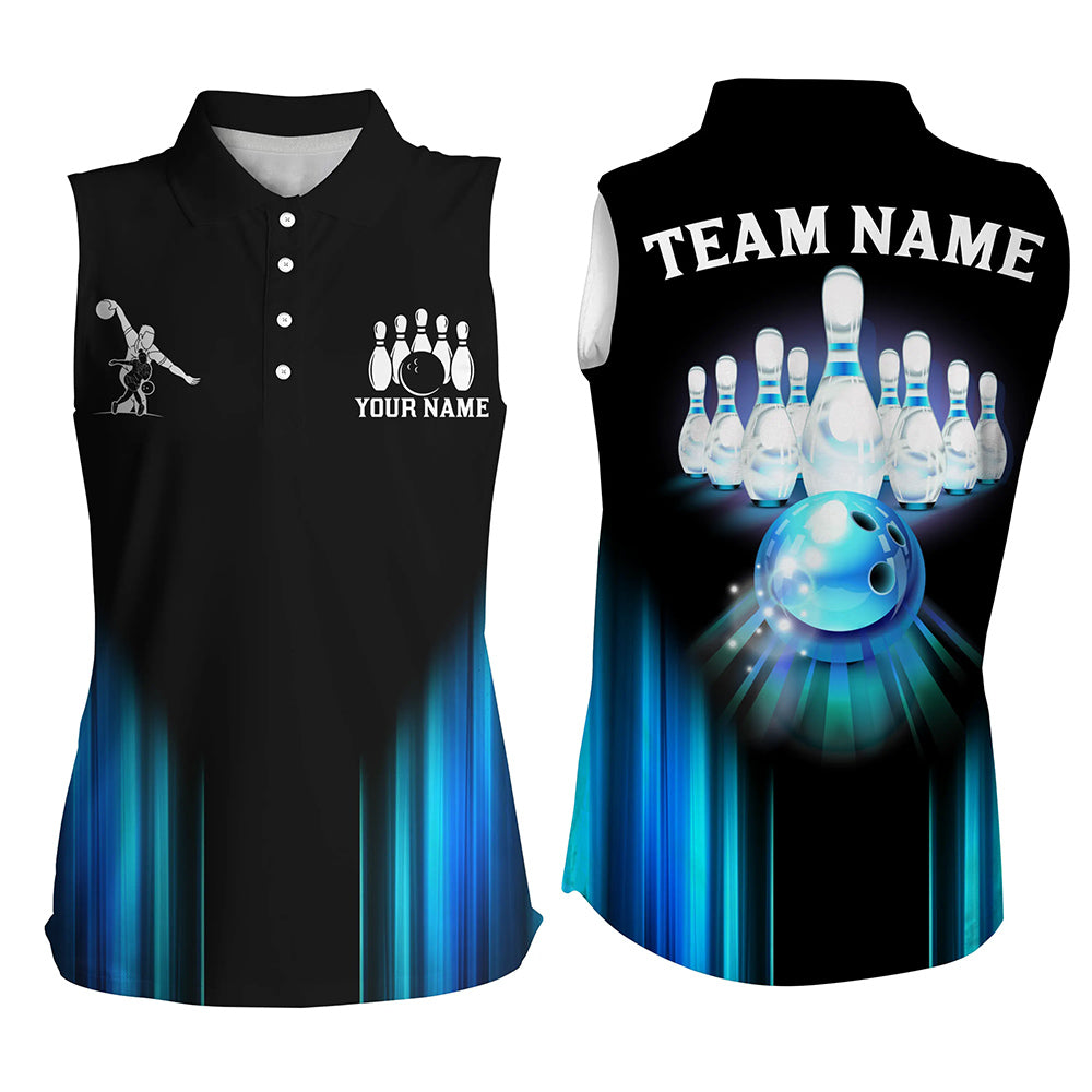 Black and Blue Light Bowling Sleeveless Polo Shirts Custom Bowling Team Jerseys, Bowler Outfit NQS9131