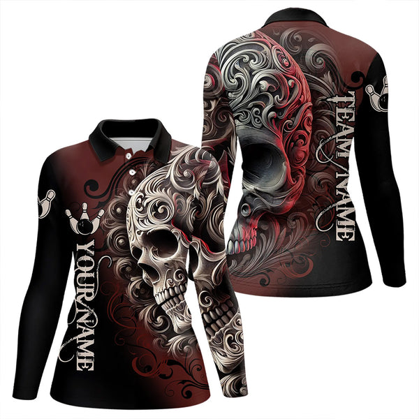 Red and Black Skull Scroll Women Bowling Polo, Quarter Zip Shirts Custom Skull Team bowling Jersey NQS9331