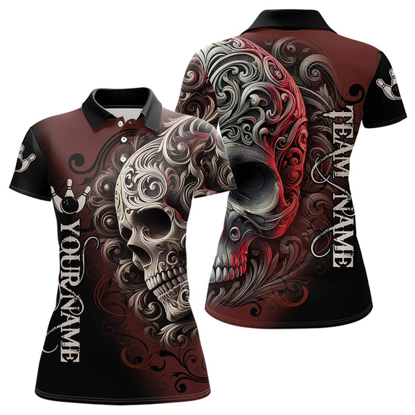 Red and Black Skull Scroll Women Bowling Polo, Quarter Zip Shirts Custom Skull Team bowling Jersey NQS9331
