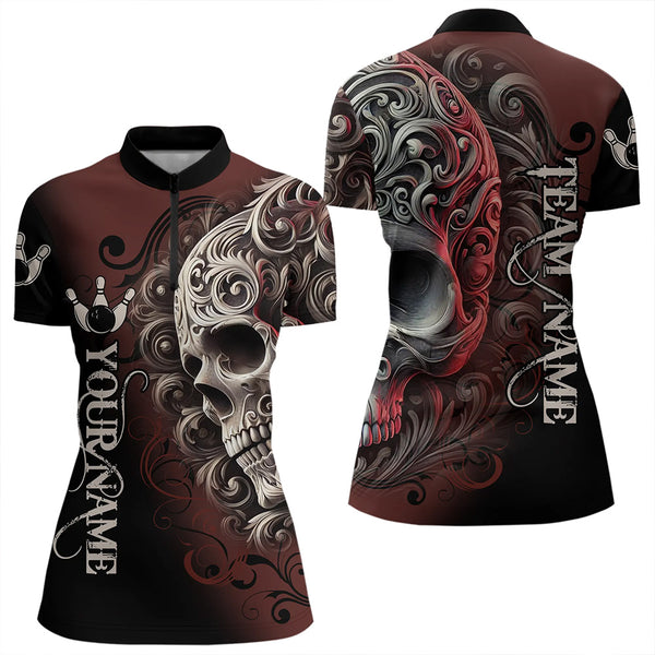 Red and Black Skull Scroll Women Bowling Polo, Quarter Zip Shirts Custom Skull Team bowling Jersey NQS9331