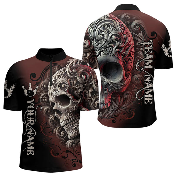 Red and Black Skull Scroll Men Bowling Polo, Quarter Zip Shirts Custom Skull Team bowling Jersey NQS9331