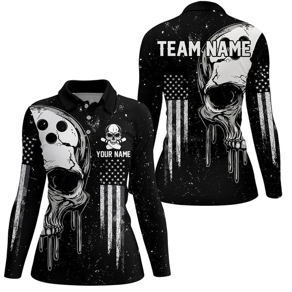 Personalized Black White grunge American Flag Skull Women Bowling Team Shirt, Patriotic Bowling Jersey NQS8601