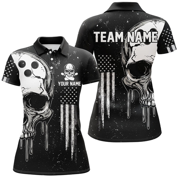 Personalized Black White grunge American Flag Skull Women Bowling Team Shirt, Patriotic Bowling Jersey NQS8601