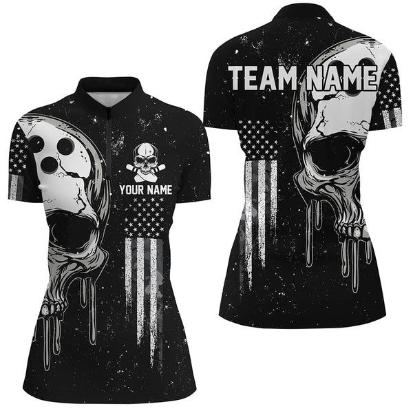 Personalized Black White grunge American Flag Skull Women Bowling Team Shirt, Patriotic Bowling Jersey NQS8601