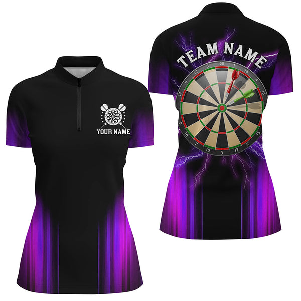 Black and Purple Light Darts Polo, Quarter Zip Shirt For Women Custom Darts Jerseys For Team NQS9334