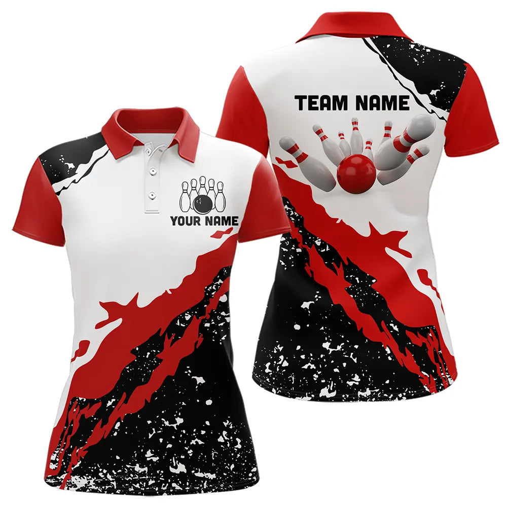 Black and white grunge pattern Bowling shirts for Women Custom Bowling Team league Jerseys | Red NQS9335