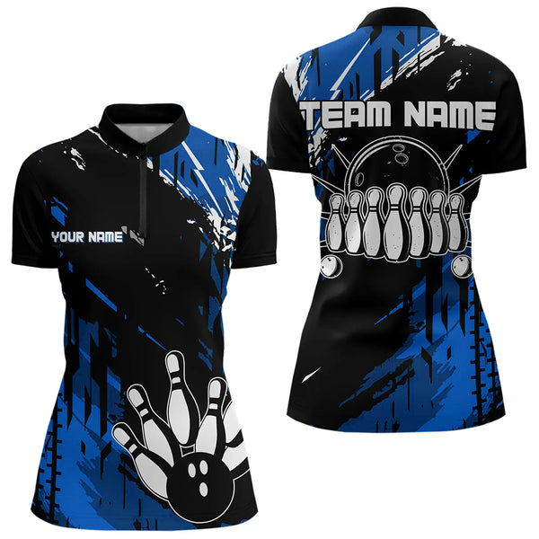 Black and Blue Womens bowling shirts Custom retro bowling ball and pins bowling team league jerseys NQS9474