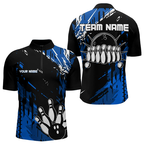 Black and Blue Mens bowling shirts Custom retro bowling ball and pins bowling team league jerseys NQS9474