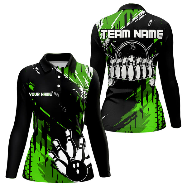 Black and Green Womens bowling shirts Custom retro bowling ball and pins bowling team league jerseys NQS9475