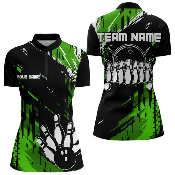 Black and Green Womens bowling shirts Custom retro bowling ball and pins bowling team league jerseys NQS9475