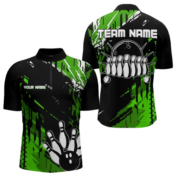 Black and Green Mens bowling shirts Custom retro bowling ball and pins bowling team league jerseys NQS9475