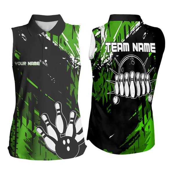 Black and Green Bowling Sleeveless Polo Shirt Custom retro bowling ball pin bowling team league jersey NQS9475