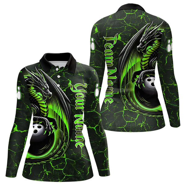 Black And Green Custom Dragon Bowling Shirts For Women, Dragon Bowling Team Shirts NQS9477