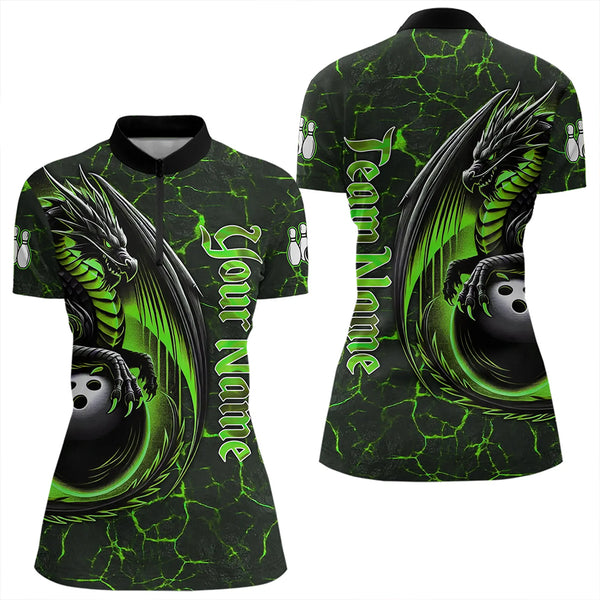 Black And Green Custom Dragon Bowling Shirts For Women, Dragon Bowling Team Shirts NQS9477