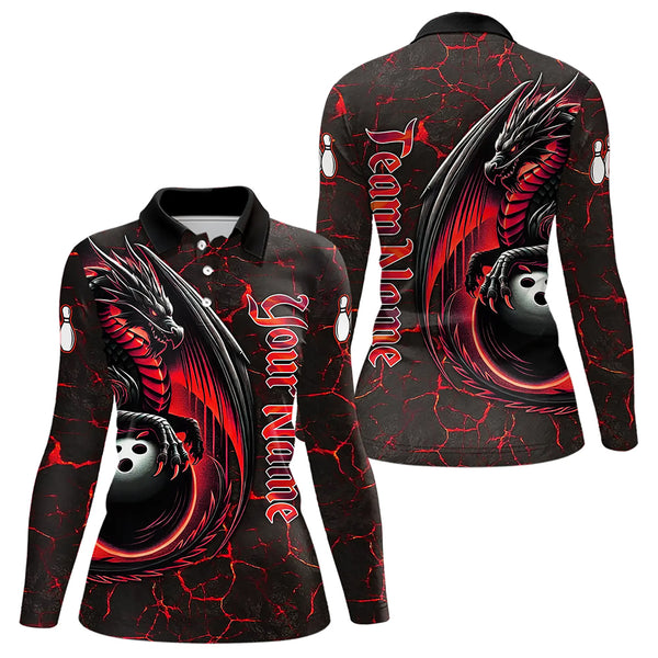 Black And Red Custom Dragon Bowling Shirts For Women, Dragon Bowling Team Shirts NQS9478