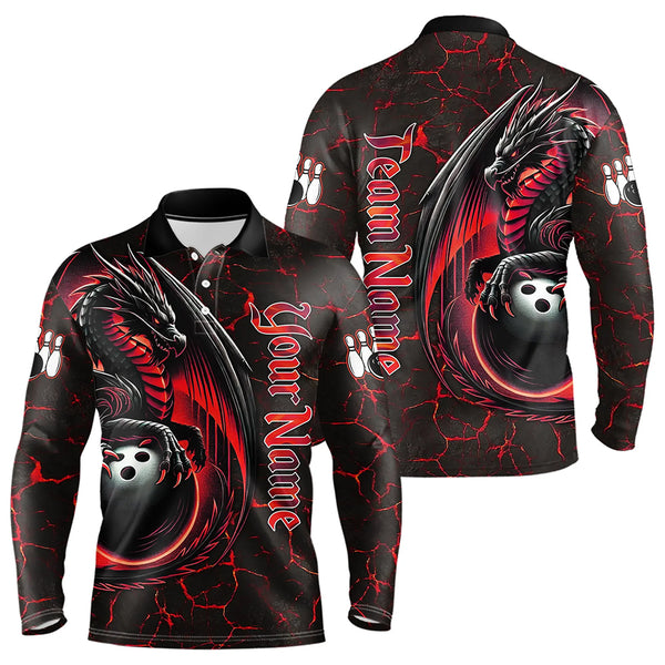 Black And Red Custom Dragon Bowling Shirts For Men, Dragon Bowling Team Shirts NQS9478
