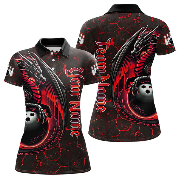 Black And Red Custom Dragon Bowling Shirts For Women, Dragon Bowling Team Shirts NQS9478