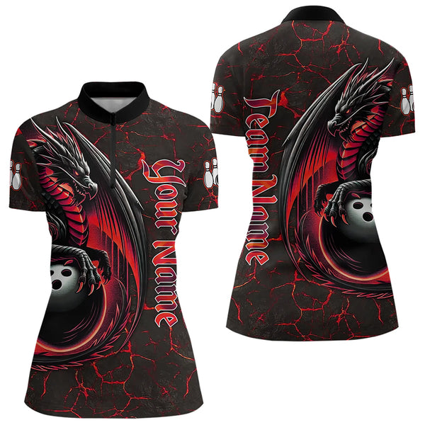 Black And Red Custom Dragon Bowling Shirts For Women, Dragon Bowling Team Shirts NQS9478