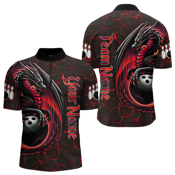 Black And Red Custom Dragon Bowling Shirts For Men, Dragon Bowling Team Shirts NQS9478
