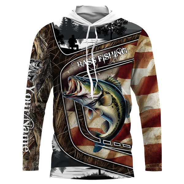 Largemouth Bass Fishing camo American flag patriotic Customize name Bass long sleeves fishing shirts NQS4856