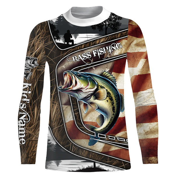 Largemouth Bass Fishing camo American flag patriotic Customize name Bass long sleeves fishing shirts NQS4856