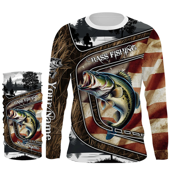 Largemouth Bass Fishing camo American flag patriotic Customize name Bass long sleeves fishing shirts NQS4856