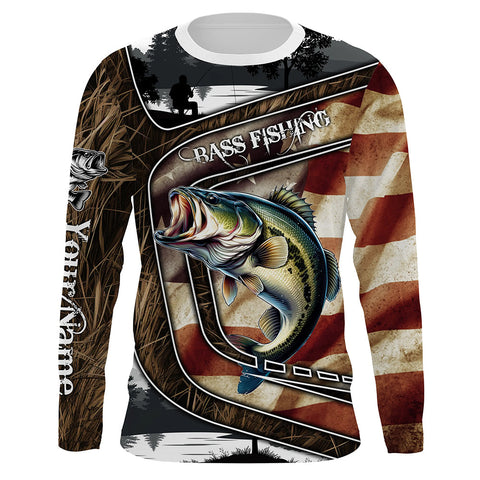 Largemouth Bass Fishing camo American flag patriotic Customize name Bass long sleeves fishing shirts NQS4856