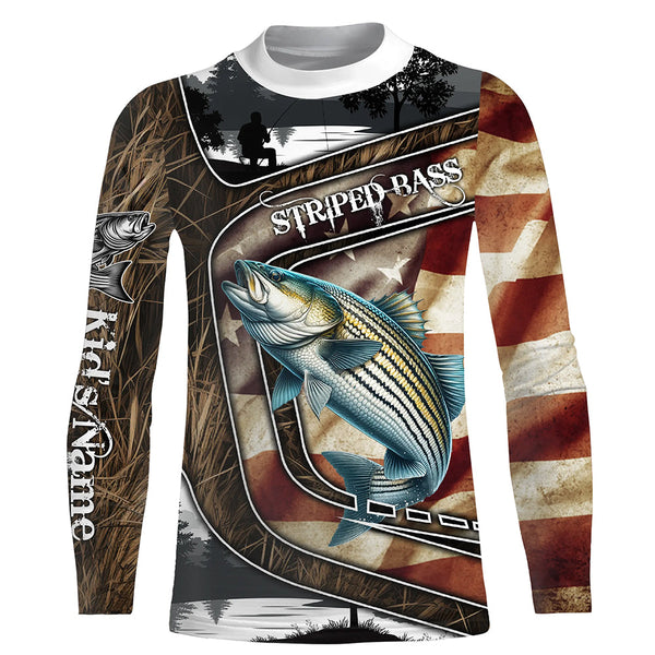 Striped Bass Fishing camo American flag patriotic Customize name striper long sleeve fishing shirts NQS4857