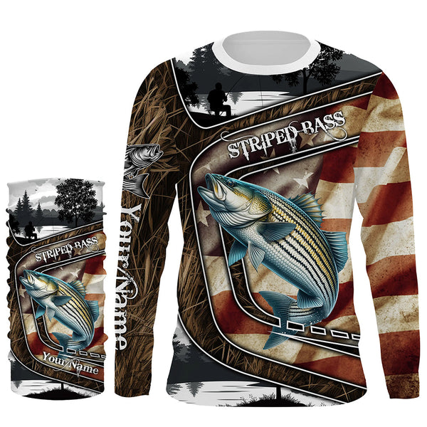 Striped Bass Fishing camo American flag patriotic Customize name striper long sleeve fishing shirts NQS4857