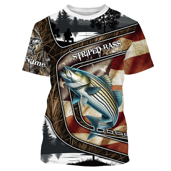 Striped Bass Fishing camo American flag patriotic Customize name striper long sleeve fishing shirts NQS4857