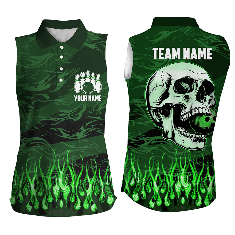 Women sleeveless polo shirts Custom Green camo Flame Skull Bowling Team Jerseys, gift for Bowlers NQS7431
