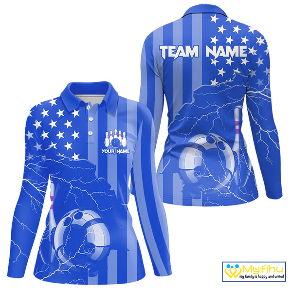 Personalized Blue American flag Lightning thunder Custom Bowling Team Shirts For Women Bowling Jersey NQS9857