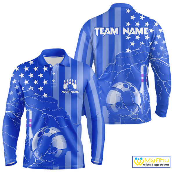 Personalized Blue American flag Lightning thunder Custom Bowling Team Shirts For Mens Bowling Jersey NQS9857