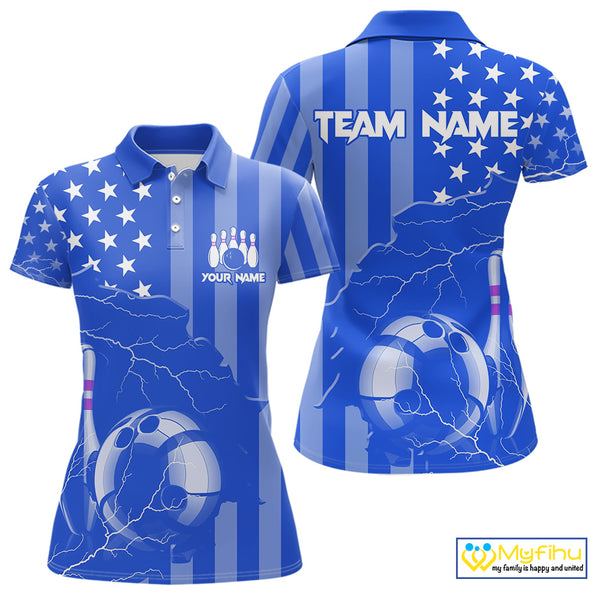 Personalized Blue American flag Lightning thunder Custom Bowling Team Shirts For Women Bowling Jersey NQS9857