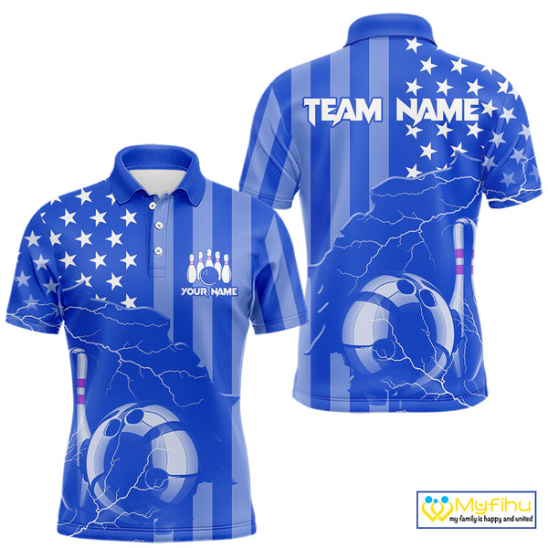 Personalized Blue American flag Lightning thunder Custom Bowling Team Shirts For Mens Bowling Jersey NQS9857